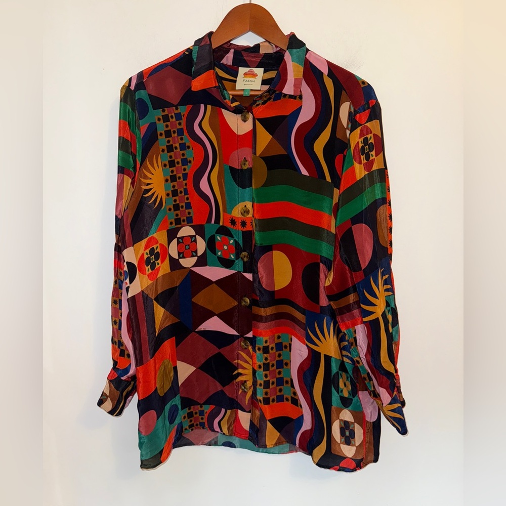 🌈 Farm Rio Multicolor Abstract Print Button-Down Blouse – Size L - Picture 6 of 16